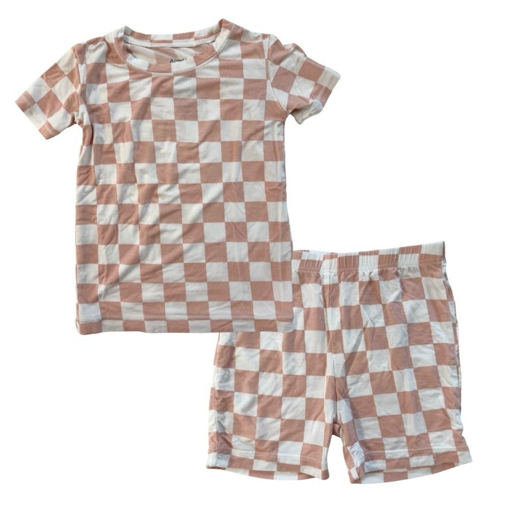 Angel Dear 3T Checker Loungwear Pajama Short Set Neutral